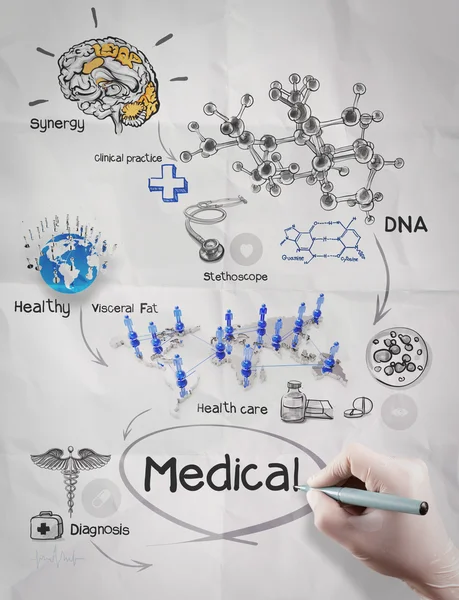 Médecin main dessine réseau médical sur papier froissé — Photo