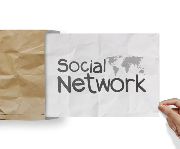 Struttura di social network disegnato a mano con accartocciato dal riciclo e — Foto Stock