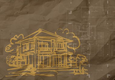 buruşuk geri dönüşüm kağıt arka plan üzerinde el çekilmiş ev