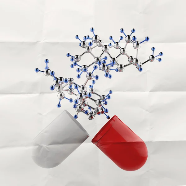 Medical capsule and molecule structure on crumpled paper as conc — Stock Photo, Image