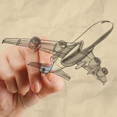 hand drawing airplane with crumpled paper background