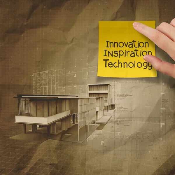 Hand show innovation on sticky note with modern architectural 3d — Stock Photo, Image