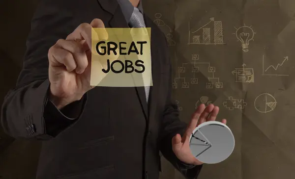 Geschäftsmann Hand zeichnet große Jobs Worte auf klebrigen Zettel mit crum — Stockfoto