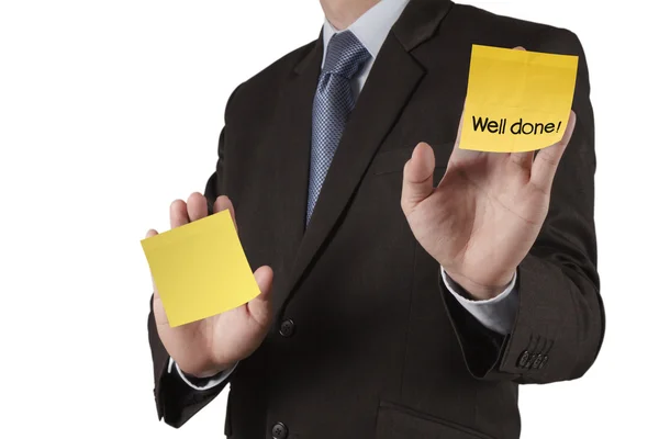 Businessman hand show well done words on sticky note with white — Stock Photo, Image