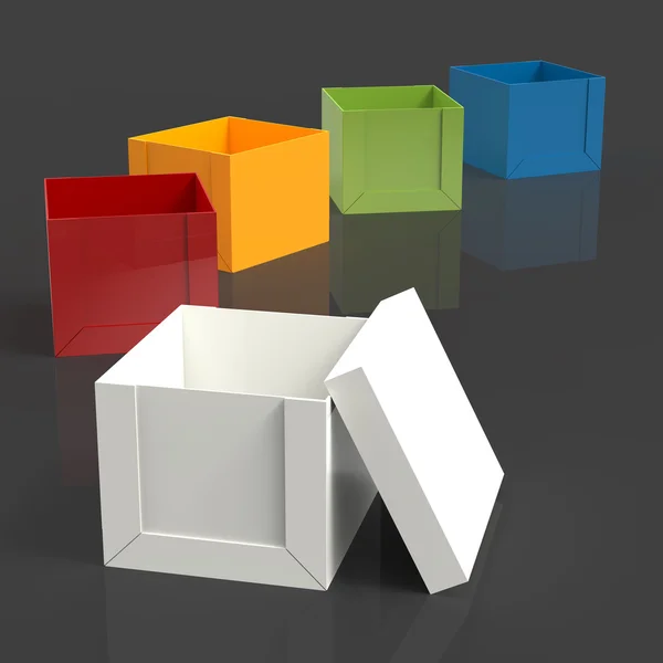 3d caixa em branco aberto como pensar fora do conceito de caixa — Fotografia de Stock