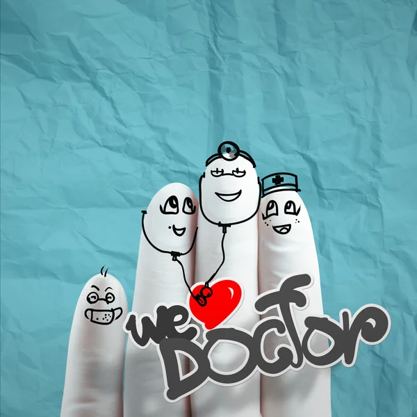 Lovely family hand drawn and finger, doctor and nurse, we love doc — стоковое фото