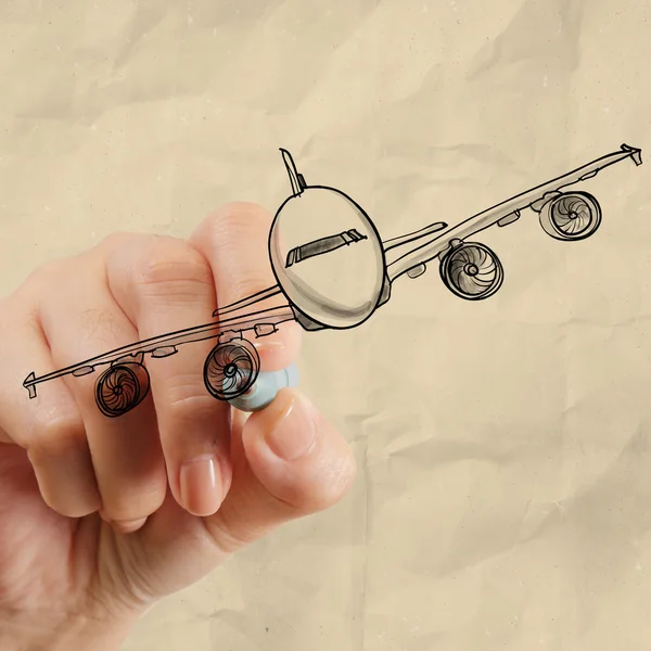 Avião de desenho manual com fundo de papel amassado — Fotografia de Stock