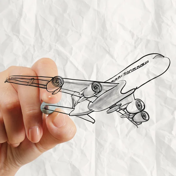 Avião de desenho manual com fundo de papel amassado — Fotografia de Stock