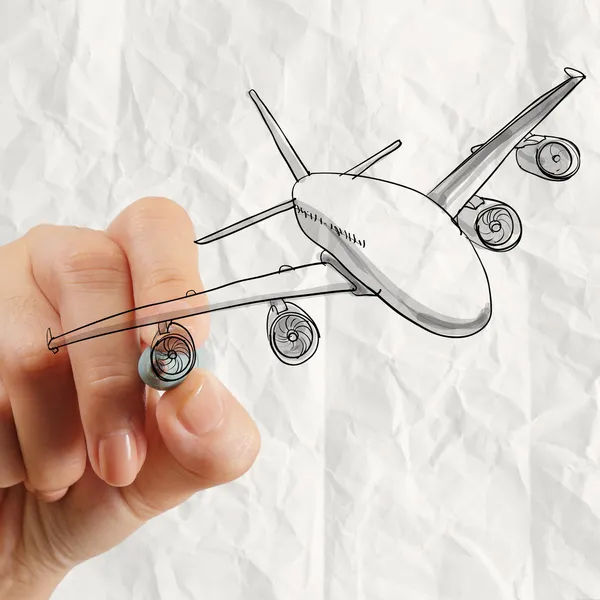 Ruční kreslení letadlo s pozadím zmačkaný papír — Stock fotografie
