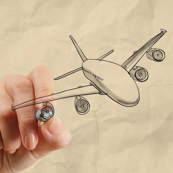 Hand drawing airplane with crumpled paper background — Stock Photo, Image