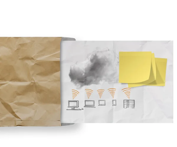 Yapışkan notu ile buruşuk kağıt üzerinde bulut — Stok fotoğraf