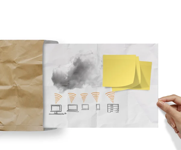 Cloud computing på fästis med skrynkligt papper — Stockfoto
