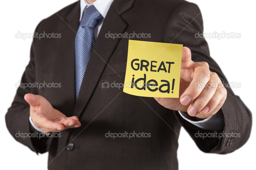 businessman hand show great idea words on sticky note with white