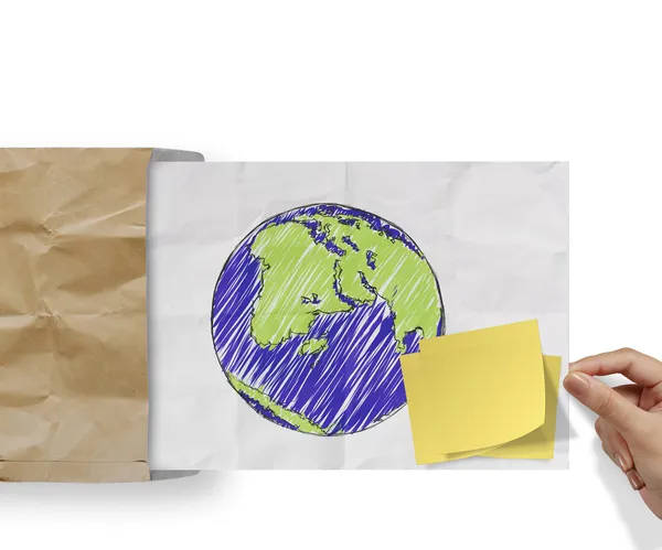 Save energy with sticky note and sketch illustration of planet earth — Stock Photo, Image