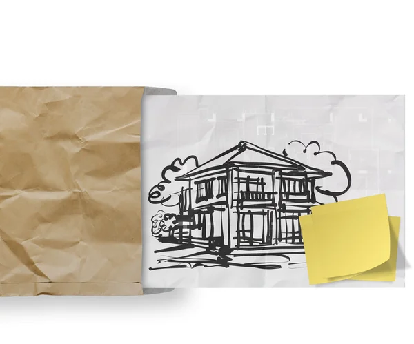 Smart project sticky note with house crumpled envelope paper — Stock Photo, Image