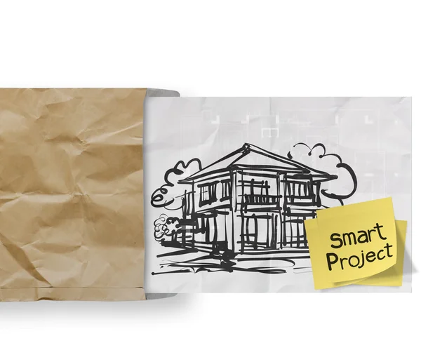 Smart project sticky note with house crumpled envelope paper — Stock Photo, Image