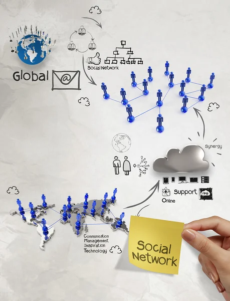 Ręka trzyma diagramu struktury sieci społecznej — Zdjęcie stockowe