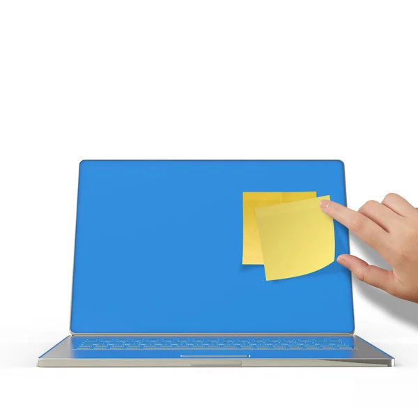 Amarelo post nota pegajosa no computador portátil 3d — Fotografia de Stock