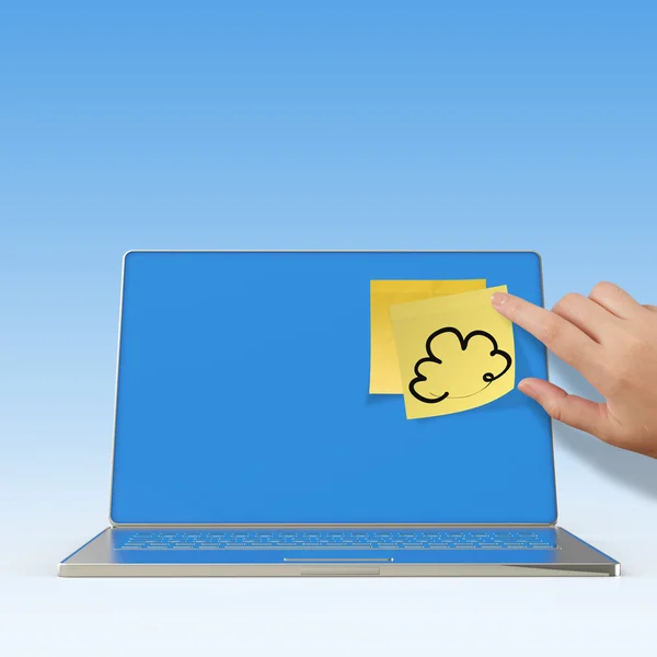 Cloud Computing parole sulla nota appiccicosa con computer portatile — Foto Stock