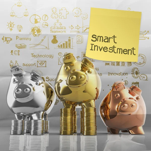 Investimento inteligente com nota pegajosa no banco porquinho vencedor como dissimular — Fotografia de Stock