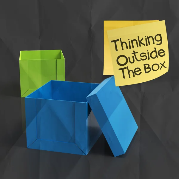 Thinking outside the box on crumpled sticky note paper — Stock Photo, Image