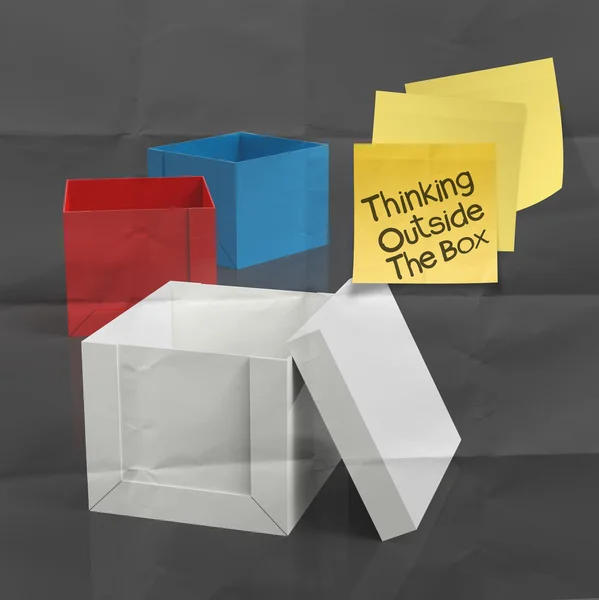 Thinking outside the box on crumpled sticky note paper — Stock Photo, Image