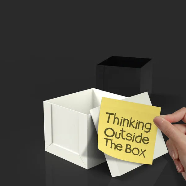 Thinking outside the box on crumpled sticky note paper — Stock Photo, Image