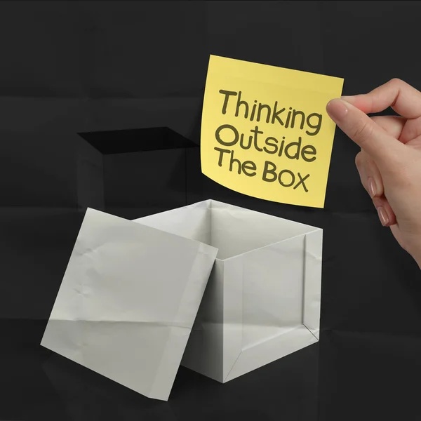 Thinking outside the box on crumpled sticky note paper — Stock Photo, Image