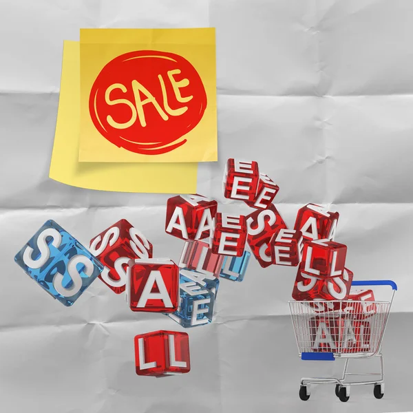 Sticky note with sale word and 3d shopping cart sale on crumpled — Stock Photo, Image