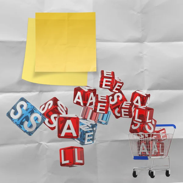 Sticky note with sale word and 3d shopping cart sale on crumpled — Stock Photo, Image