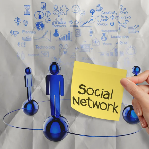 Mano tenendo nota appiccicoso social network umano — Foto Stock