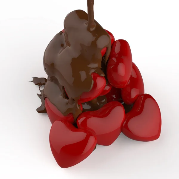 Chiudere sciroppo di cioccolato fuoriuscita sopra simbolo a forma di cuore — Foto Stock