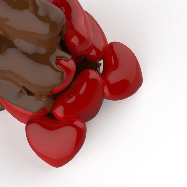 Chiudere sciroppo di cioccolato fuoriuscita sopra simbolo a forma di cuore — Foto Stock