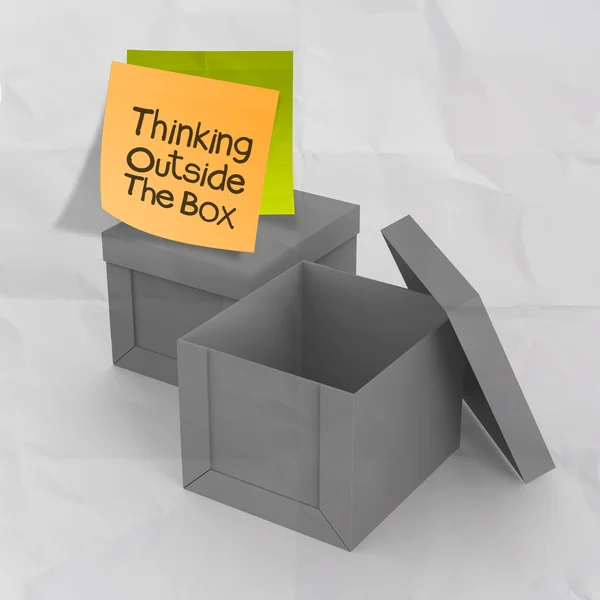 Thinking outside the box on crumpled sticky note paper as concep — Stock Photo, Image