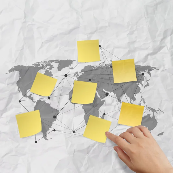 Hand pushing sticky note social network icon — Stock Photo, Image