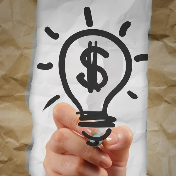 Hand drawing light bulb dollar sign with crumpled paper as creat — Stock Photo, Image