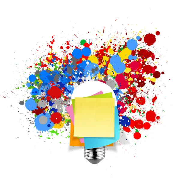 Blank sticky note with splash colors lightbulb on white backgrou — Stock Photo, Image