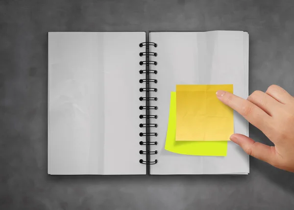 Sticky notes with open blank note book on deak top texture — Stock Photo, Image