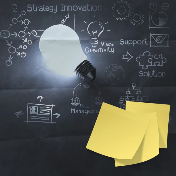 Sticky note on light bulb 3d and business strategy crumpled pap — Stock Photo, Image