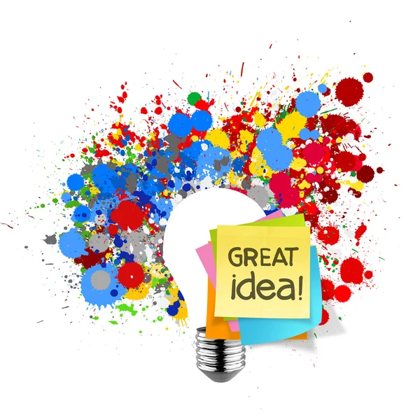 Great idea sticky note with splash colors lightbulb on white bac — Stock Photo, Image