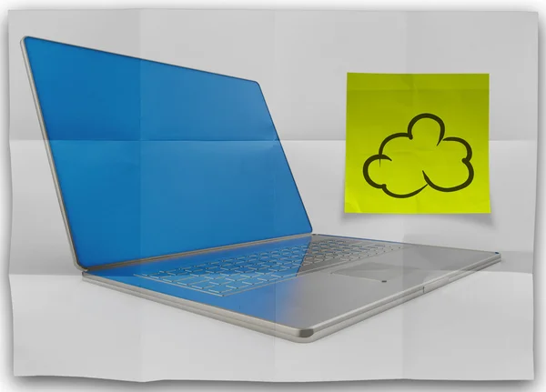 Sticky note on crumpled paper with laptop computer and cloud net — Stock Photo, Image