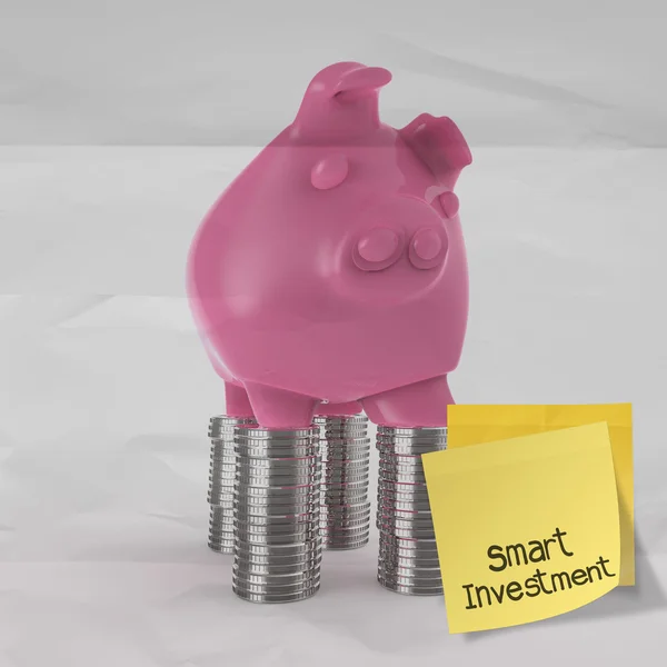 Smart investment with sticky note on piggy bank 3d standing over — Stock Photo, Image