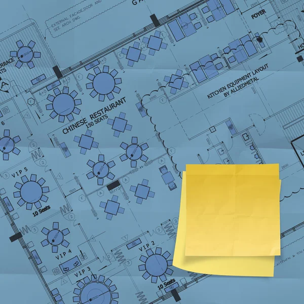 Blank sticky note on construction site with layout plan crumpled — Stock Photo, Image