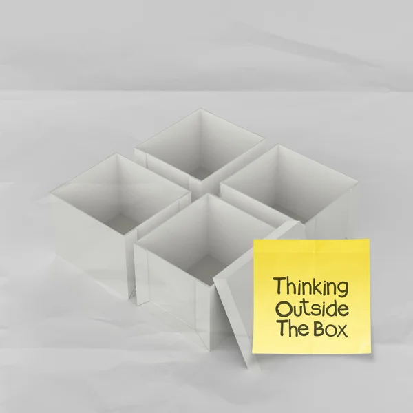 Thinking outside the box on crumpled sticky note paper as concep — Stock Photo, Image