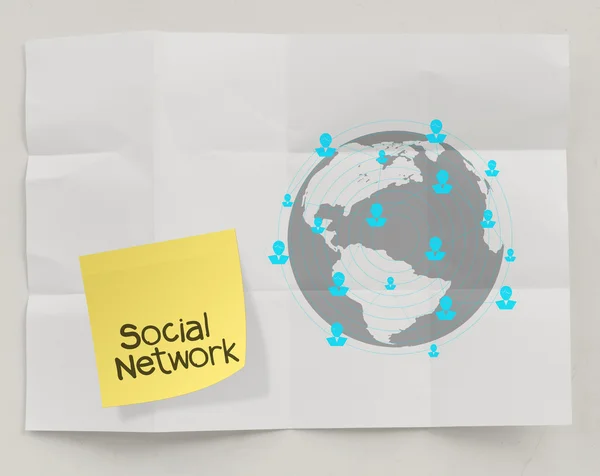 Nota appiccicosa icona del social network su sfondo carta spiegazzato come — Foto Stock