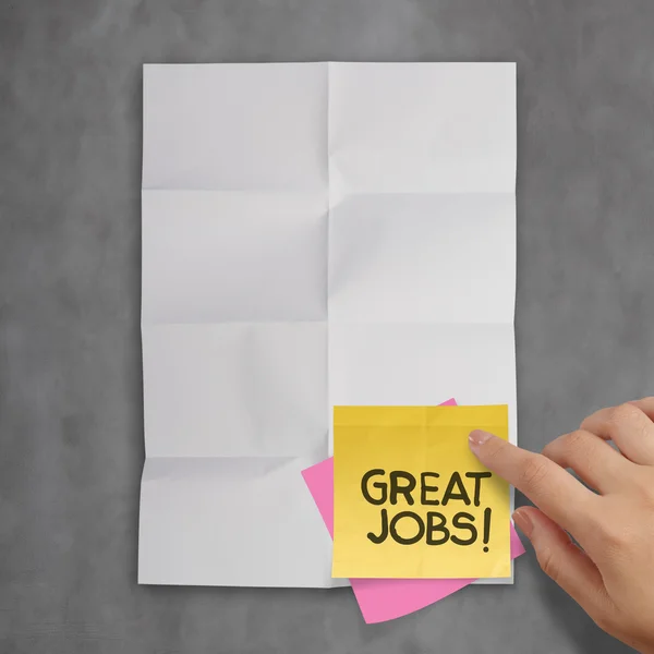 Great job sticky notes on recycle crumpled paper background as c — Stock Photo, Image