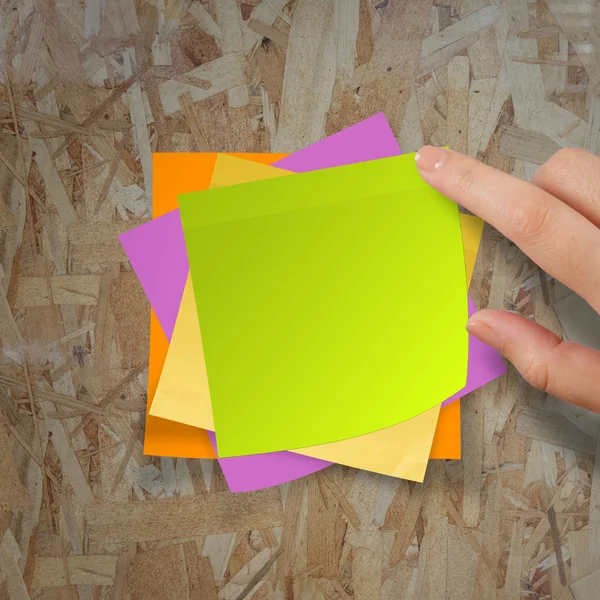 Sticky notes on recycle wood desk top — Stock Photo, Image