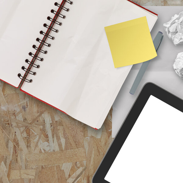 Notebook and pen and tablet on recycle wood table background