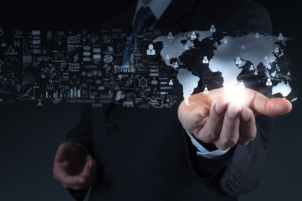 businessman showing the world 3d and social network structure a