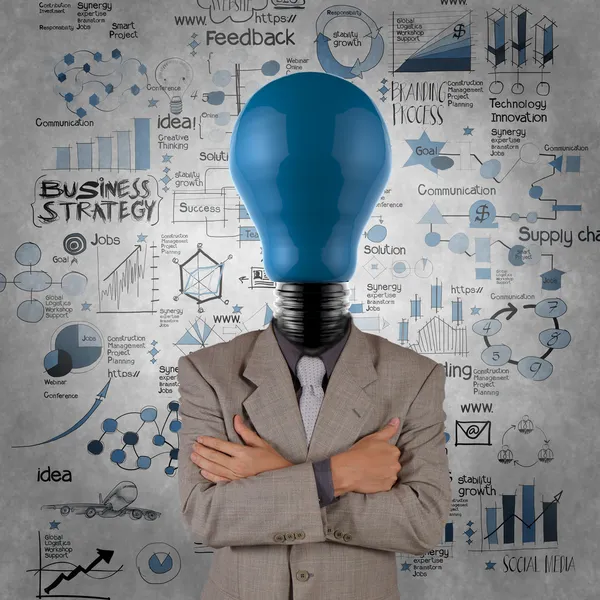 Businessman light bulb 3d blue head with business strategy backg — Stock Photo, Image